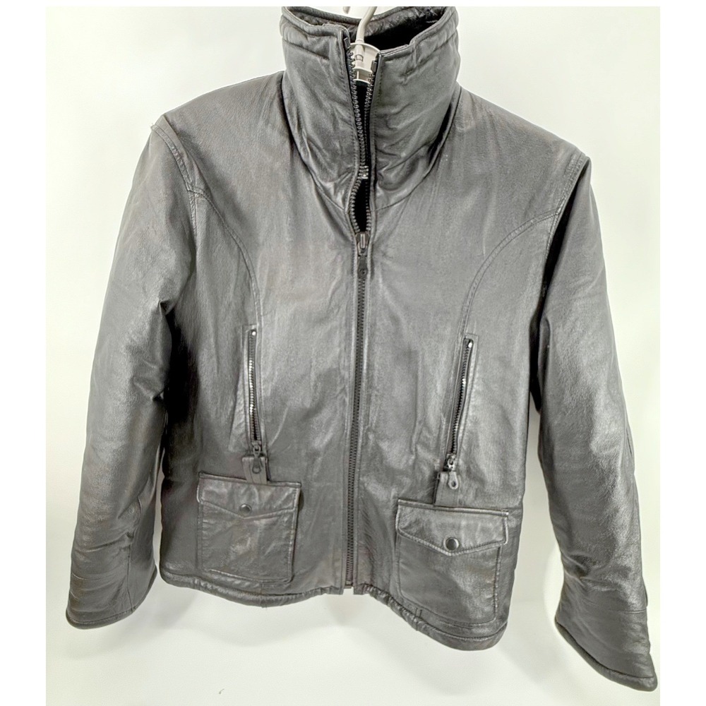 WILDA Genuine Leather Jacket Womens Medium Fur Collar Black Moto Biker Bomber - Picture 2 of 12